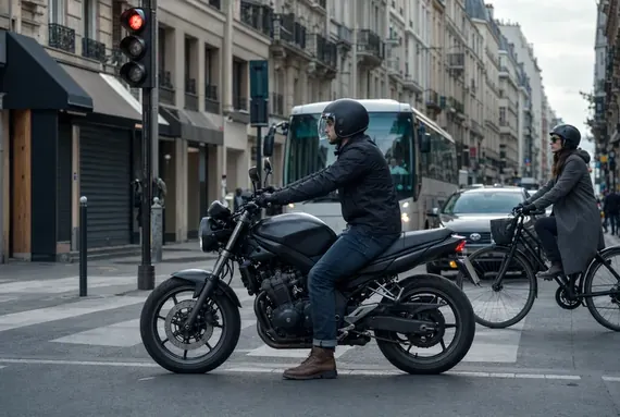 Moto parada en un semáforo en ciudad, trayecto corto